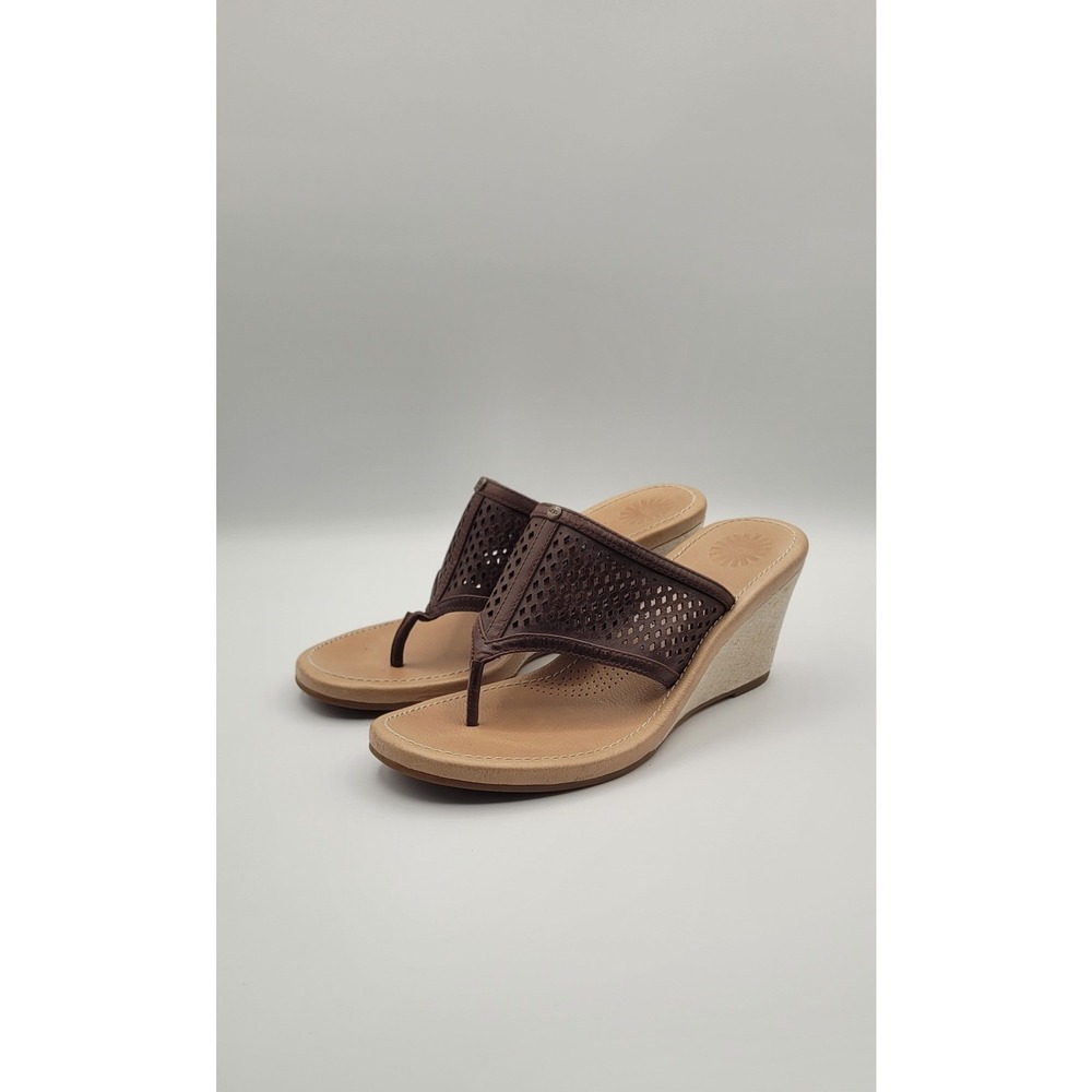 UGG Solena Women's Wedge Sandals 7.5 Brown Leather Perforated Comfort Thong - Picture 1 of 11